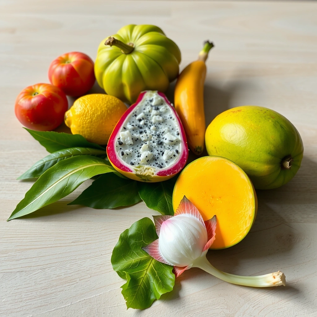 ผลไม้สดใหม่และผักพื้นบ้านวางเรียงบนโต๊ะไม้